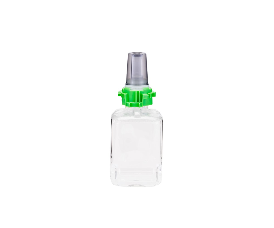 A clear plastic bottle with a green dispenser and a translucent cap on a white background. Reliable Brand® Clear Unscented Luxury Foam Slim Handwash (700 ml., 4 Bottles/CS)